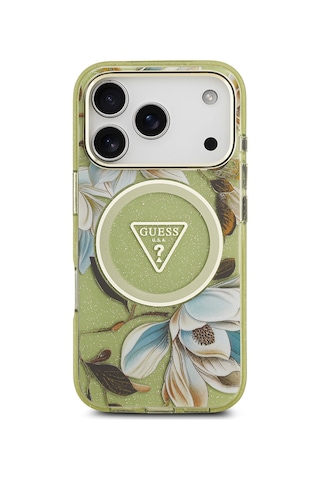 Apple Uyumlu iPhone 17 Pro Kılıf Guess Lisanslı M-safeli Simli Çiçek Desenli Metal Kamera Çerçeveli Kapak Yeşil Yeşil