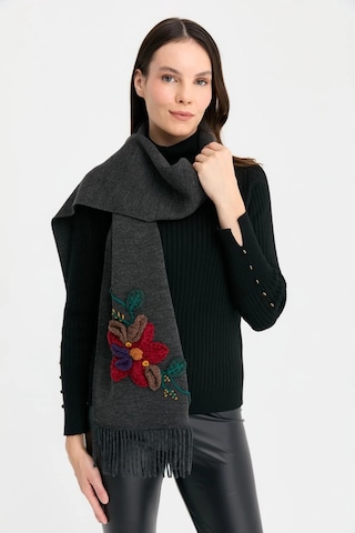 Desen Triko Kadın Örgü Çiçek İşlemeli Püsküllü Kaşkol 24072 K.füme K.füme Koyu Füme
