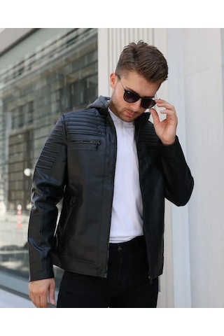 Erkek Kapüşonlu Siyah Deri Mont 001