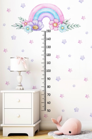Soft Pembe Renklerde Gökkuşağı Çiçekler Ve Yıldızlar Temalı Boy Ölçer Boy Cetveli Sticker Seti Çocuk Dijital Baskı
