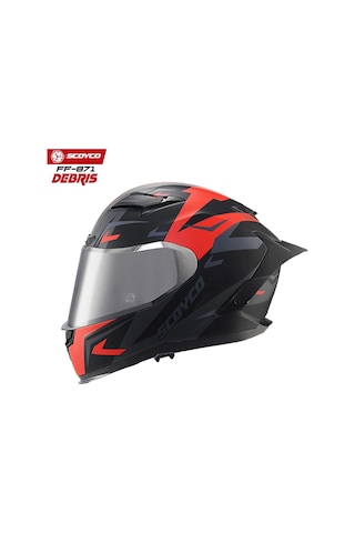 Scoyco FF-871 Gri Camlı Debris Güneş Vizörlü Kapalı Kask Mat Kırmızı - Siyah