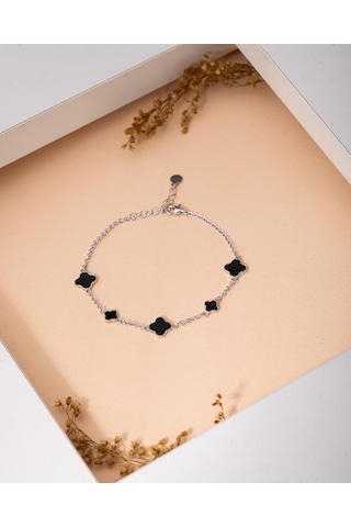 925 Ayar Rodyum Siyah Mineli Yonca Charm Gümüş Bileklik Rb10068