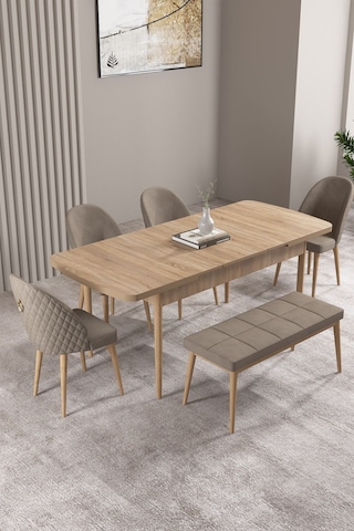 Milas Meşe Desen 80x132 Mdf Açılabilir Mutfak Masası Takımı 4 Sandalye, 1 Bench Cappucino