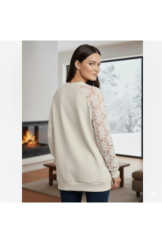 Afri Ekru Dantel Detaylı Sweatshirt Şık Ve Rahat Günlük Kadın Üst Yumuşak Kumaş Ekru