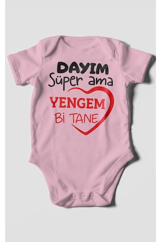 Morivokids Dayım Süper Ama Yengem Bir Tane Kısa Kollu Bebek Body %100 Pamuk Koyu Pembe