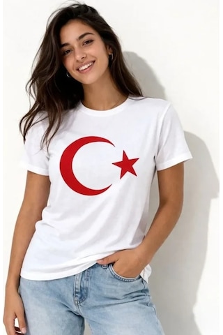 Valensdesign T-shirt Kısa Kol Bisiklet Yaka Ay Yıldız Bayrak Baskılı Tişört - Beyaz