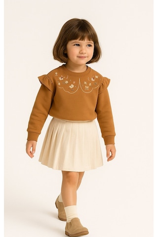 Overdo Kids Fırfırlı Yakası Çiçek Nakışlı 2 İplik Uzun Kol Kız Çocuk Sweatshirt Kahverengi