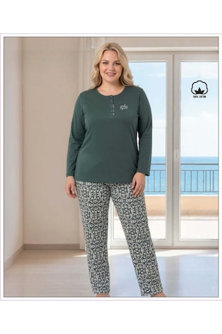 Melodi Kadın Büyük Beden %100 Pamuk Düğmeli Yaka Uzun Kollu Baharlık Pijama Takımı 17152 - 1 Adet Petrol