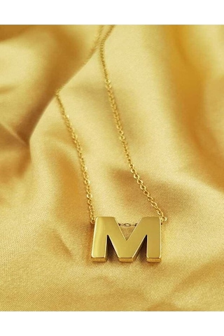 Vog Kişiye Özel Üç Boyutlu Çelik M Harf Sarı Renkdeniz Ve Havuz Suyuna Dayanıklı Paslanmaz Kolye Sarı
