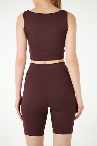 Yeşil Fitilli Kare Yaka Esnek Örme Crop Büstiyer Atlet Kahverengi