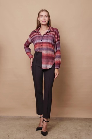Kadın Desenli Yakalı Düşük Omuzlu Uzun Kol Şık Ofis Gömlek-Kiremit Çizgi Kiremit Çzg.