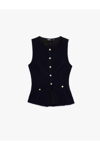 Koton Slim Fit Düğmeli Bisiklet Yaka Peplum Kesim Yelek Lacivert 6sak30028ek