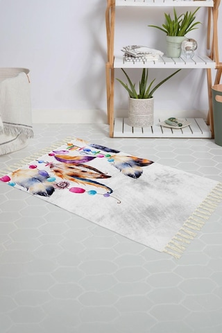 Banyo Halısı Dijital Baskılı Banyo Paspası 50x80 Polyester Kaymaz Tabanlı Duş Paspası Feathers Beyaz