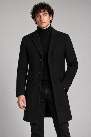 Maison Rae Erkek Siyah, Slim Fit Kaşe Kaban Klasik Yaka 3 Düğmeli Uzun Kesim Kışlık Palto
