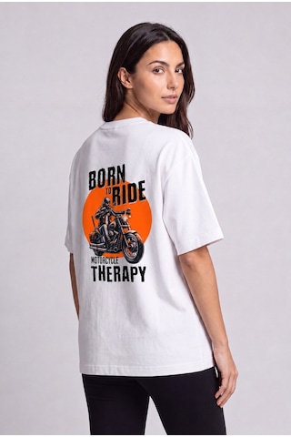 Black Nova Oversize Baskılı Unisex %100 Pamuk T-shirt Motorcycle Therapy Beyaz