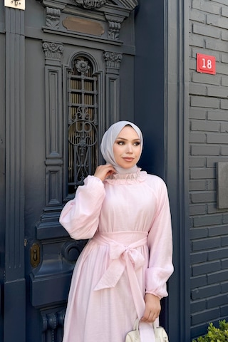 Stormwear İnci İşlemeli Tül Tesettür Elbise Pembe