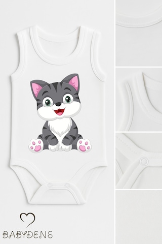 Babyden's %100 Pamuklu Hayvan Figürlü Kolsuz Çıtçıtlı Bebek Body Unisex Kedi Baskılı Beyaz