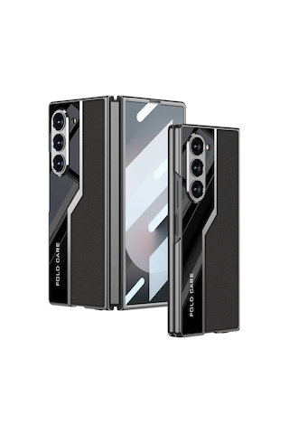 Galxy Uyumlu Z Fold 6 Kılıf Ultra İnce Kamera Korumalı Pc + Deri Arka Yüzey Zore Kıpta Poligan Kapak-siyah Siyah