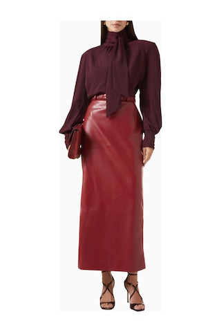Rowen Rose Oversized Bow - Neck Blouse, Lüks Georgette Yüksek Yakalı Şık Balon Kollu Bluz Bordo
