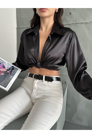 Kadın Oversize Siyah Renk Saten Gömlek-siyah Siyah
