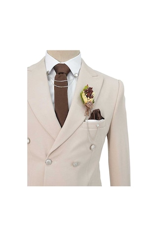 Bys Beystil Sivri Yaka Bej Kruvaze Takım Elbise Petek - Slim Fit