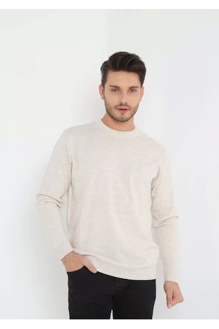 Unisex Uzun Kol Biskilet Yaka Dokuma Triko - Bej Bej