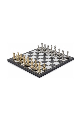 Lüks Metal Satranç Takımı Krom Kaplama Klasik Gold Temalı Figür Siyah Mermer Desenli Tahta 20 Cm.