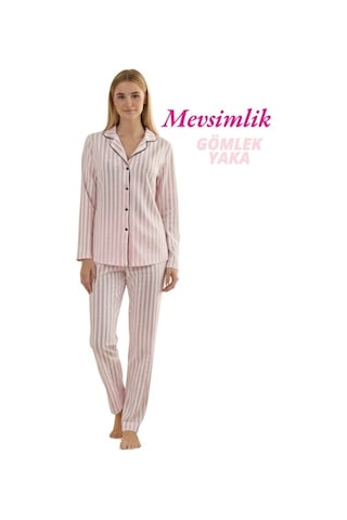 Guava Kadın Desenli Slim Fit Gömlek Yaka Önden Düğmeli Dar Kalıp Mevsimlik Uzun Kollu Pijama Takımı Pembe