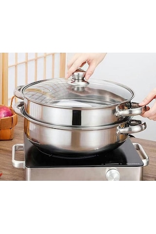 Novahub Paslanmaz Çelik Sebze Buharlı Pişirici Tava Seti - Şeffaf Gıda Ocak Pot Çift Kazanlar Sos Single-pot Tencere Seti Gümüş