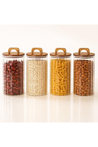 3200 Ml Zahire Kavanozu 4'lü Set, Ahşap Kapaklı Kulplu Cam Erzak Saklama Kabı, Büyük Boy Bakliyat Makarna Kahve Kuruyemiş Saklama Kavanozu, Ribbed Cam Mutfak Düzenleyici Kavanoz Seti Çok Renkli