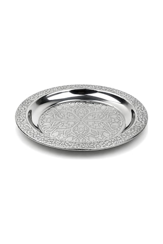Binbir Trend 18 Cm İşlemeli Kenarlı Otantik Desenli Krom Çelik Meze Ve Servis Tabağı 30 Adet Gümüş