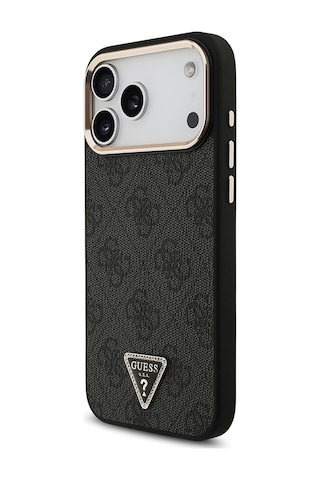 Apple Uyumlu iPhone 17 Pro Max Kılıf Guess Lisanslı M-safeli Taşlı Üçgen Logo 4g Desenli Kapak Siyah Siyah