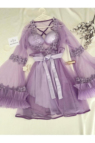 Mh Moony Homewears Kutulu My Şeyhla Lila Destekli Gecelik Sabahlık Seti Mor