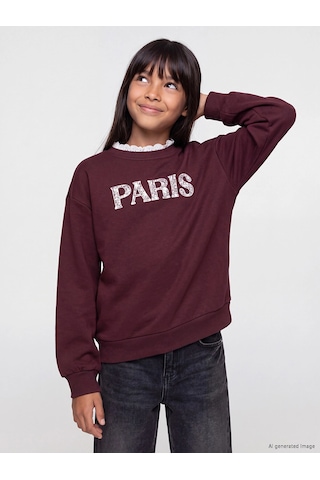 LC Waikiki Lcw Kids Mürdüm Kalın Paris Baskılı Kız Çocuk Sweatshirt Bordo