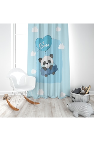 Uçan Panda Mavi 2 Kanat Fon Perde MAvi