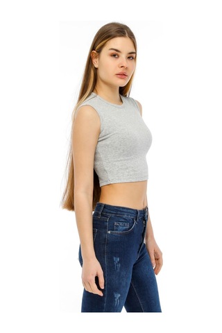 Bella Dossi Rahat Gri Kaşkorse Kolsuz Sıfır Yaka Kadın Crop Top Gri