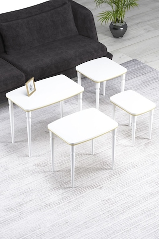 Imaj Mdf Ve Lake Boya, Beyaz-gold 4lü Zigon Sehpa Takımı, Beyaz Gürgen Ayaklar Sehpalar Beyaz-gold Ayaklar Beyaz