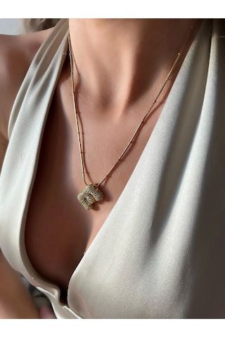 Mrs Flower Çelik Zincirli Zirkon Taşlı E Harfli Gold Renk Bubble Kolye Çok Renkli