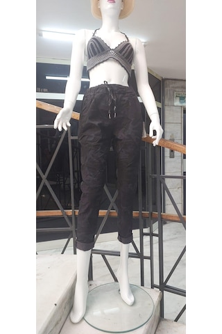 Eren Style Italyan Beli Bağlamalı Kamuflaj Desenli Dar Paça Pantolon-9078 Siyah