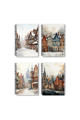 Giftkonsept Rustik Kış Şehirleri Tasarımlı Spiralli Defter Seti, 4'lü Paket, 100 Sayfa, Karton Kapaklı A5, Çizg Çok Renkli