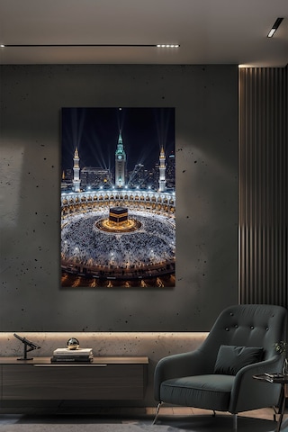 Kabe-i Şerif Ve Mekke Saat Kulesi Gece Görünümü Cam Tablo Dini Duvar Dekoru İslami Motifli Dekoratif Duvar Tablosu, Salon Ve İbadet Alanı Dekoru,