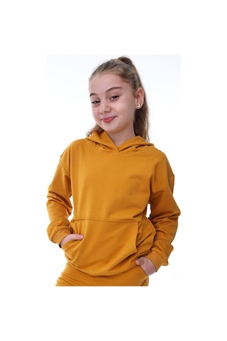 Basic Kapüşonlu Şardonlu Kanguru Cep Detaylı Çocuk Sweatshirt 3-10 Yaş Ekru Hardal