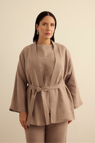 Aker Seyyar Kuşaklı Keten Kimono Vizon Vizon