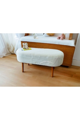 Retro Ceviz Renk Ahşap Ayaklı Geniş Oturum Alanlı Oval Bench Puf Krem Krem
