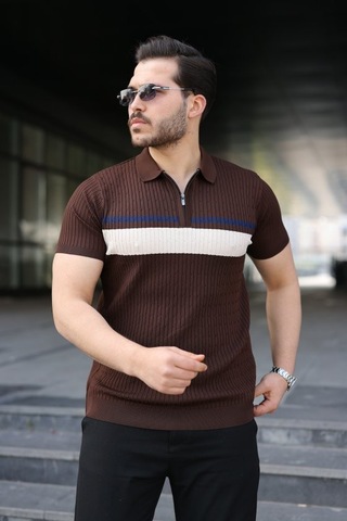 Veraura Lifestyle Erkek Örgü Desenli Renkli Kısa Kollu Triko Tişört Kahverengi