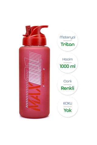 Büyük Su Matarası Tritan Pipetli Su Şişesi Max Spor Matarası Suluğu Bpasız 1000 Ml Kırmızı 0112