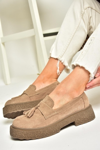 Fox Shoes T996193002 Vizon Süet Kalın Tabanlı Makosen Ayakkabı Vizon