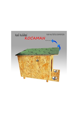 Çelik Mama Kabı + Kedi Kulübesi Açılır Çatılı Büyük Ahşap Kedi Evi 81 x 46 x 60 CM
