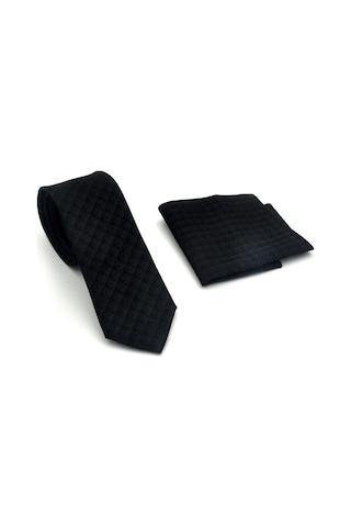 Gaffy Gri Küp Desenli Siyah Dokuma Kumaş Mendilli Slim Fit Kravat // Sdk-2605-1 Siyah