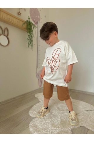 Miniko Kids Erkek Çocuk Keten Şortlu Cep Modelli Pamuk Şortlu Takım Ekru